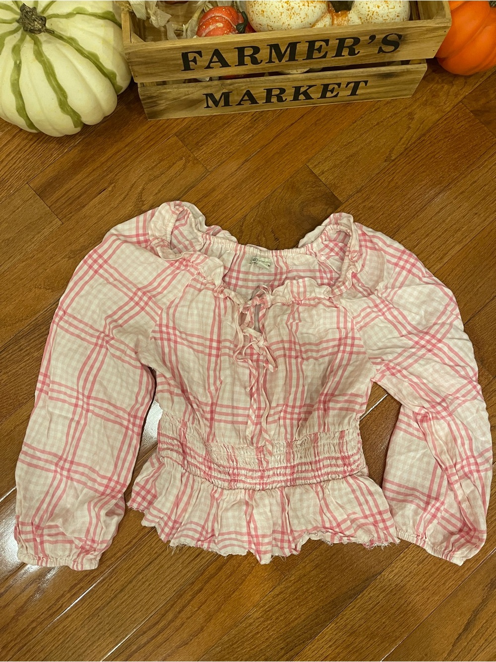 Cato Pink White Plaid Peasant Blouse Size Small